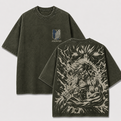Khaki Eren Yeager Attack Titan washed oversized T-shirt with vintage monochrome anime back graphic