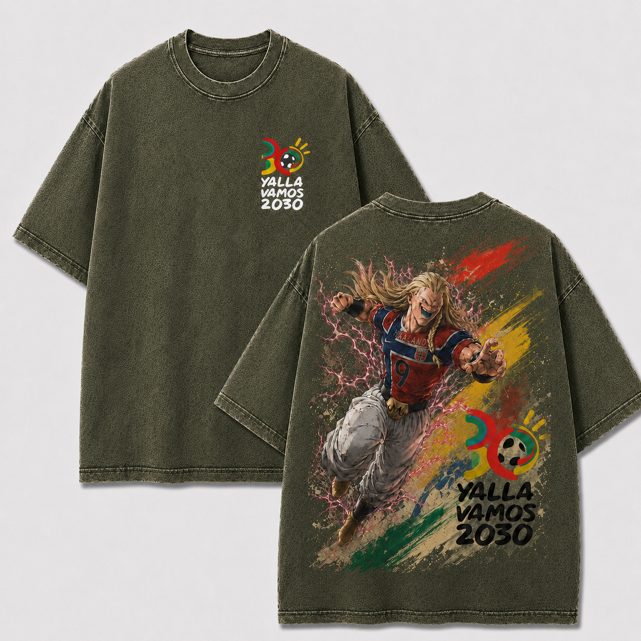 Erling Haaland khaki washed oversized T-shirt with Norway striker and multicolor anime back print