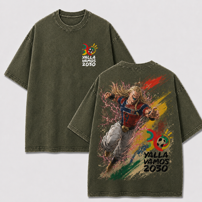 Erling Haaland khaki washed oversized T-shirt with Norway striker and multicolor anime back print