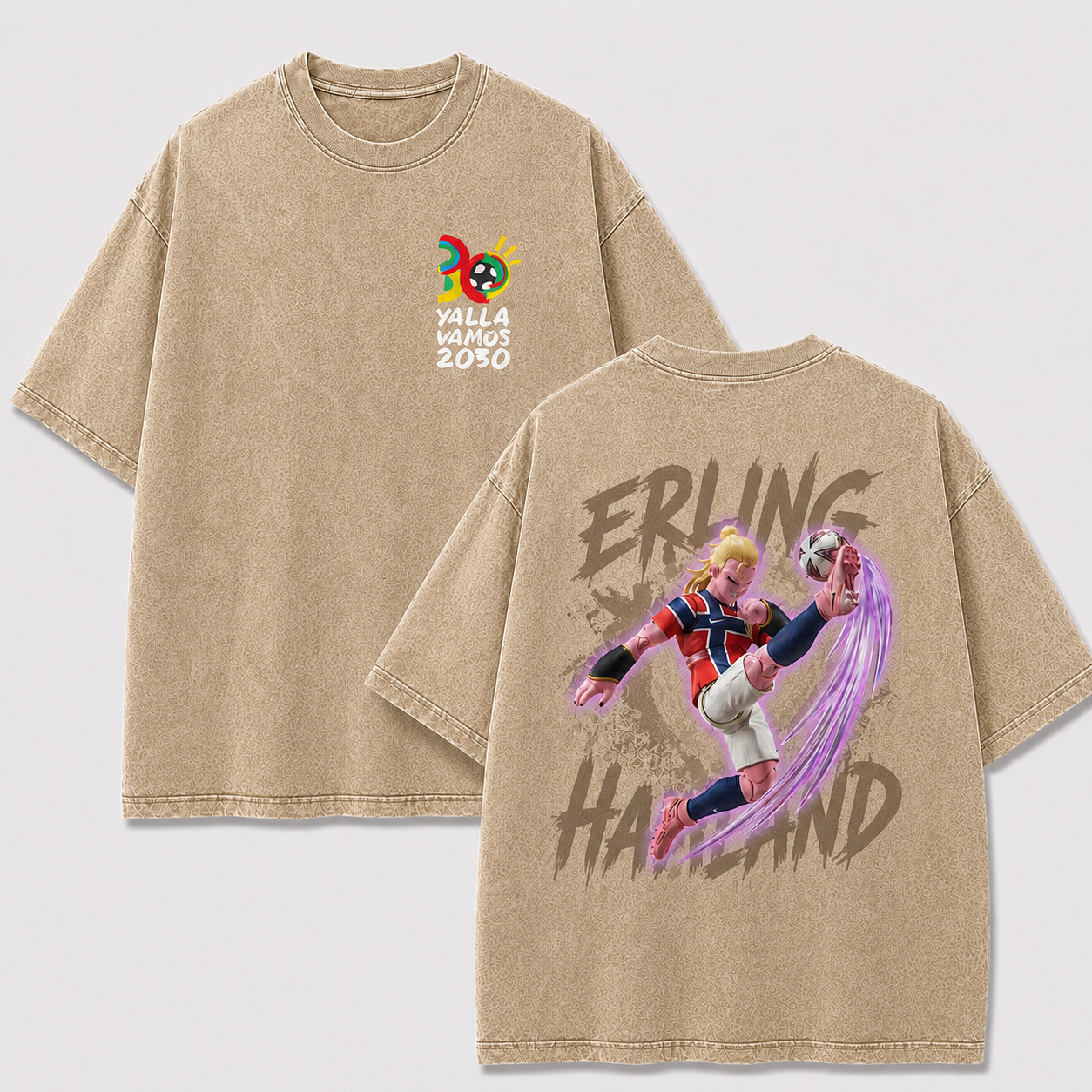 Erling Haaland apricot washed oversized T-shirt with 2030 chest graphic and Norway anime soccer back print