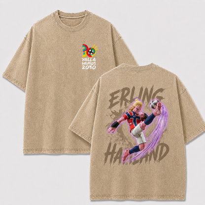 Erling Haaland apricot washed oversized T-shirt with 2030 chest graphic and Norway anime soccer back print