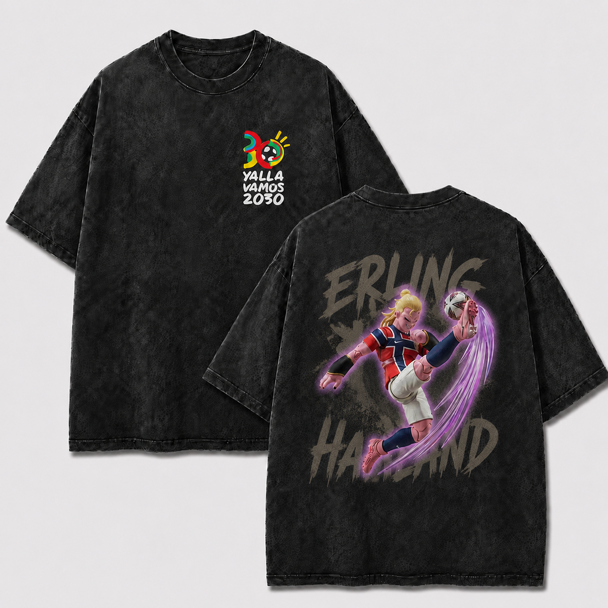 Erling Haaland black washed oversized T-shirt with colorful 2030 logo and acrobatic soccer back graphic