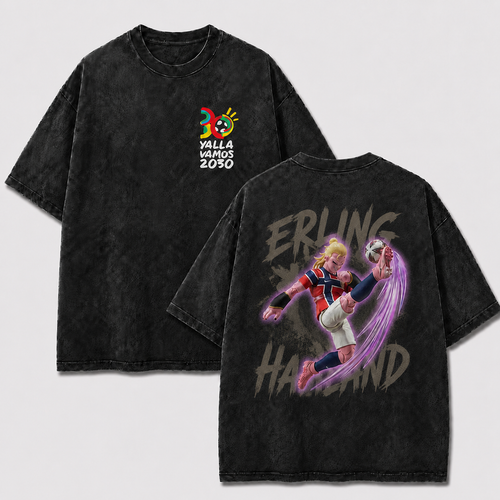 Erling Haaland black washed oversized T-shirt with colorful 2030 logo and acrobatic soccer back graphic
