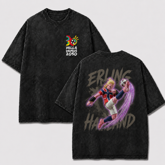 Erling Haaland black washed oversized T-shirt with colorful 2030 logo and acrobatic soccer back graphic