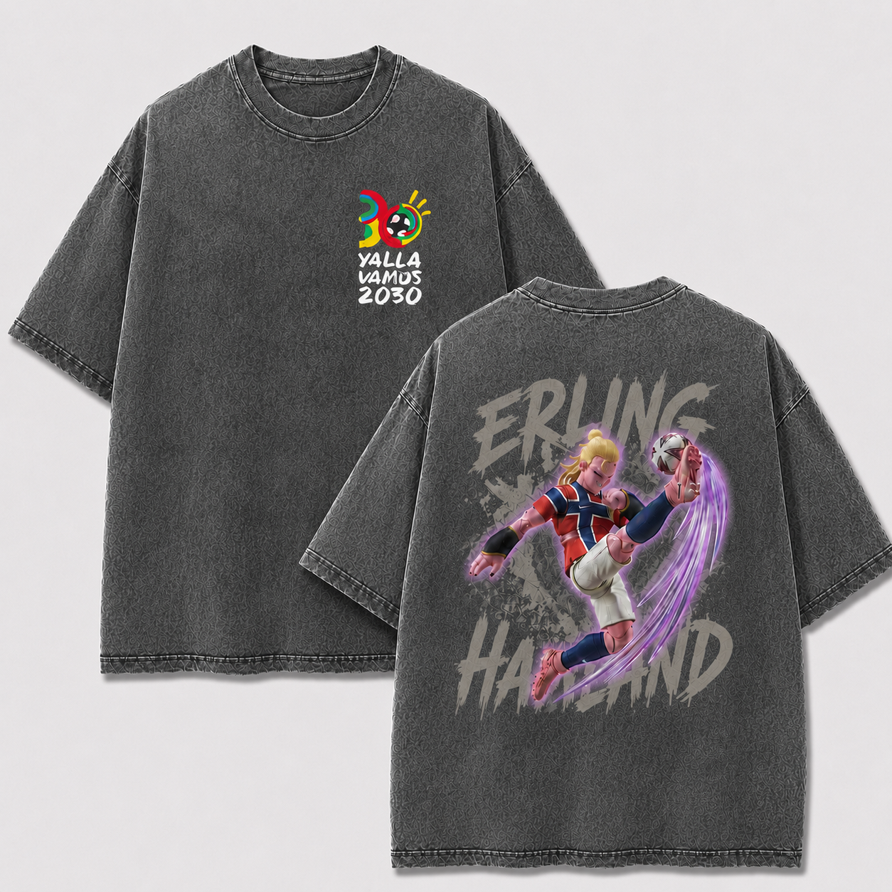 Erling Haaland gray washed oversized T-shirt with Norway No. 9 anime football artwork