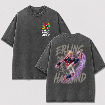 Erling Haaland gray washed oversized T-shirt with Norway No. 9 anime football artwork