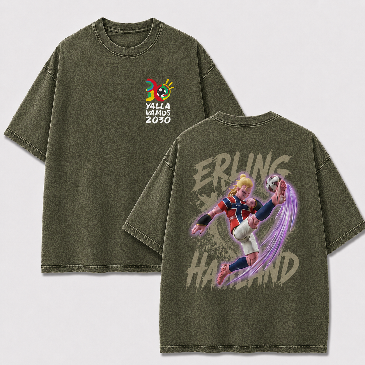 Erling Haaland khaki washed oversized T-shirt with front 2030 graphic and dynamic soccer back print