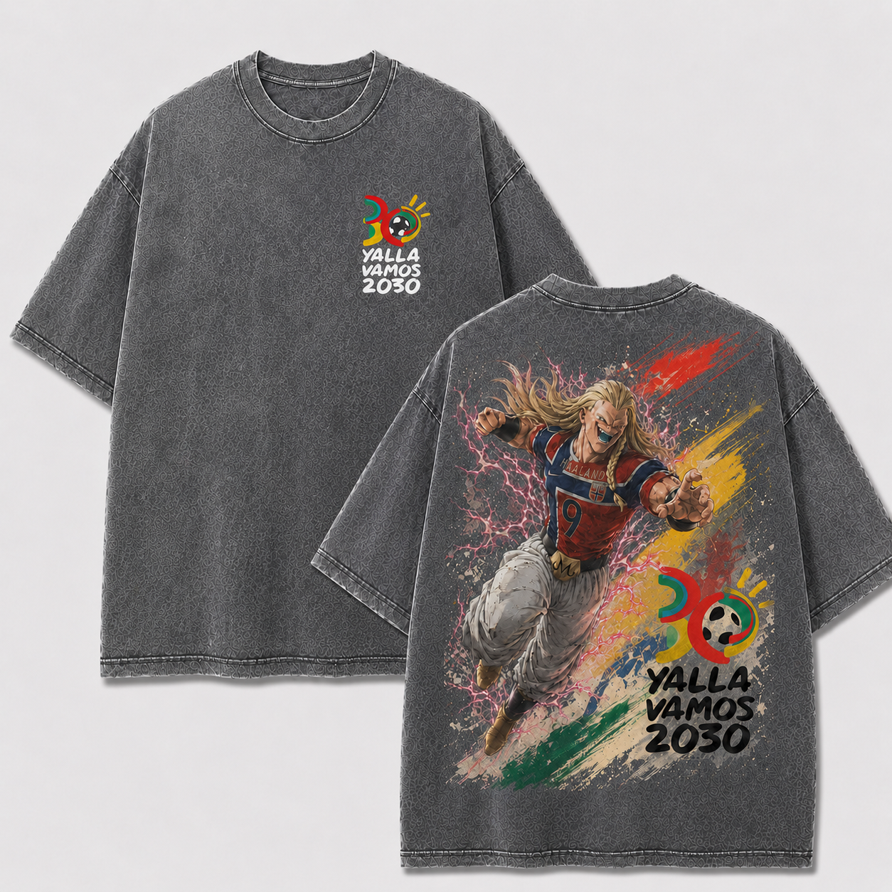 Erling Haaland gray washed oversized T-shirt with 2030 chest emblem and anime football back artwork