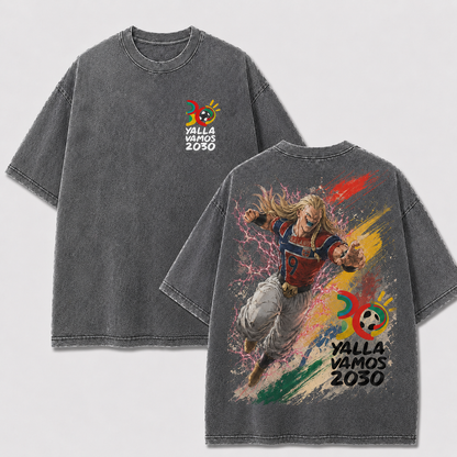 Erling Haaland gray washed oversized T-shirt with 2030 chest emblem and anime football back artwork