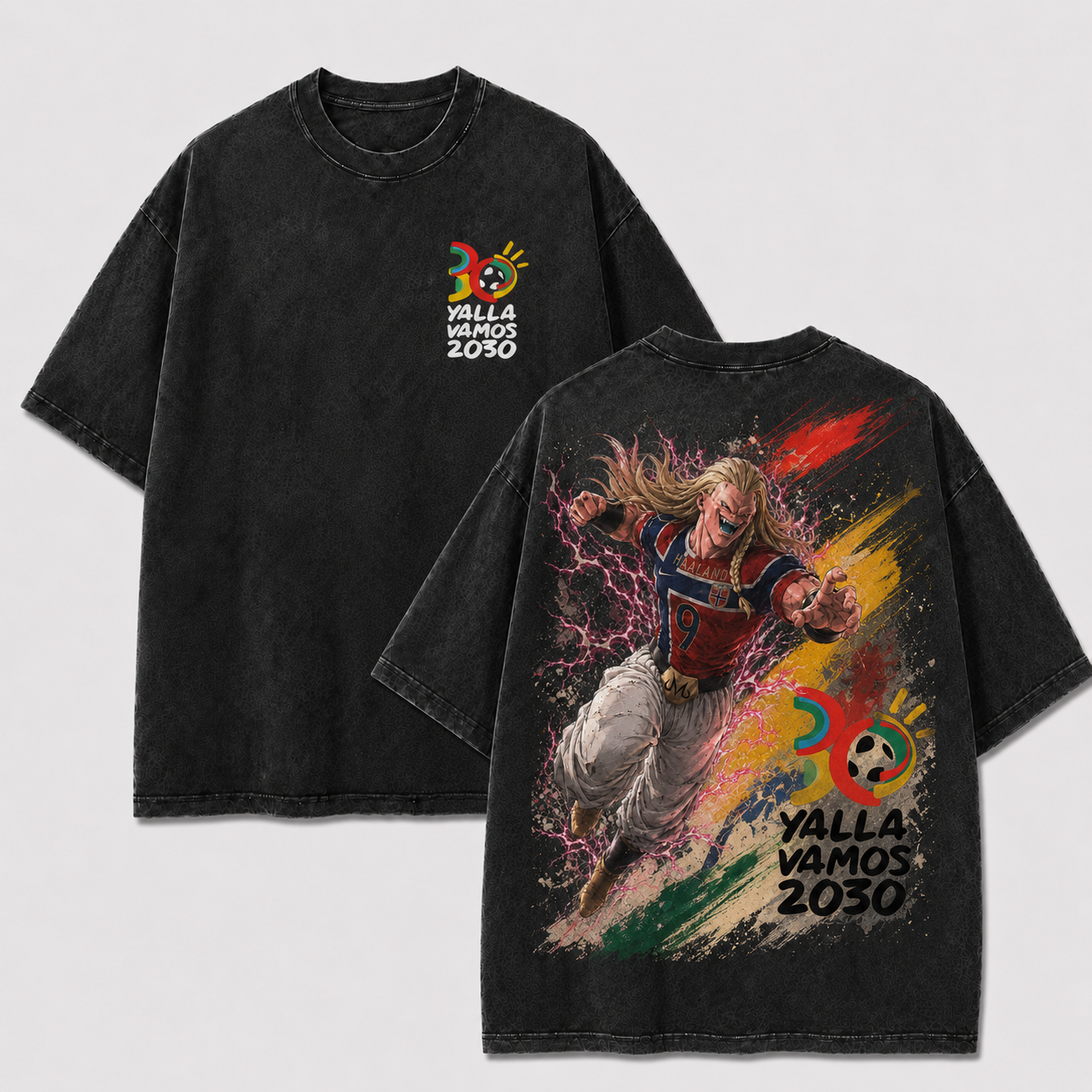 Erling Haaland black washed oversized T-shirt with 2030 chest logo and Norway No. 9 anime back graphic