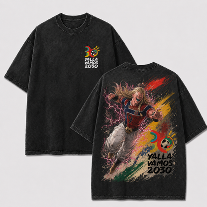 Erling Haaland black washed oversized T-shirt with 2030 chest logo and Norway No. 9 anime back graphic