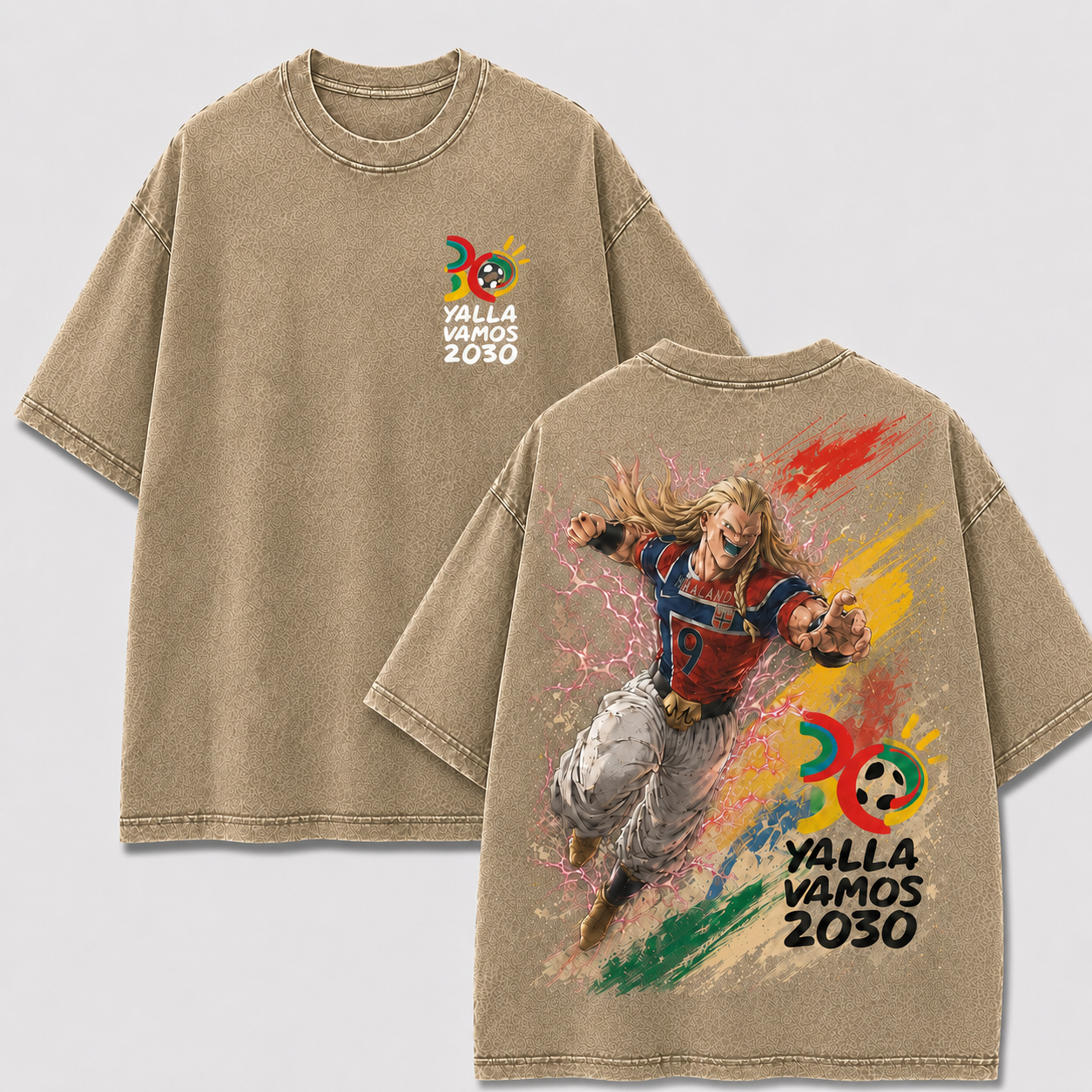 Erling Haaland apricot washed oversized T-shirt with colorful 2030 front and back football graphics