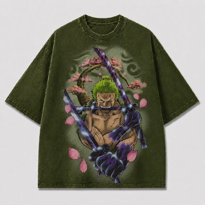Oversized Graphic Print T-Shirt – Swordsman Cherry Blossom Streetwear Tee