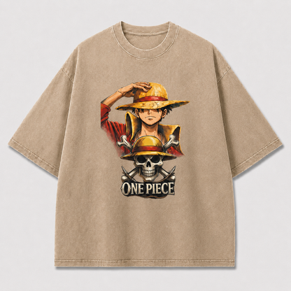 Oversized Streetwear Graphic Tee – Straw Hat Portrait Skull Badge Print