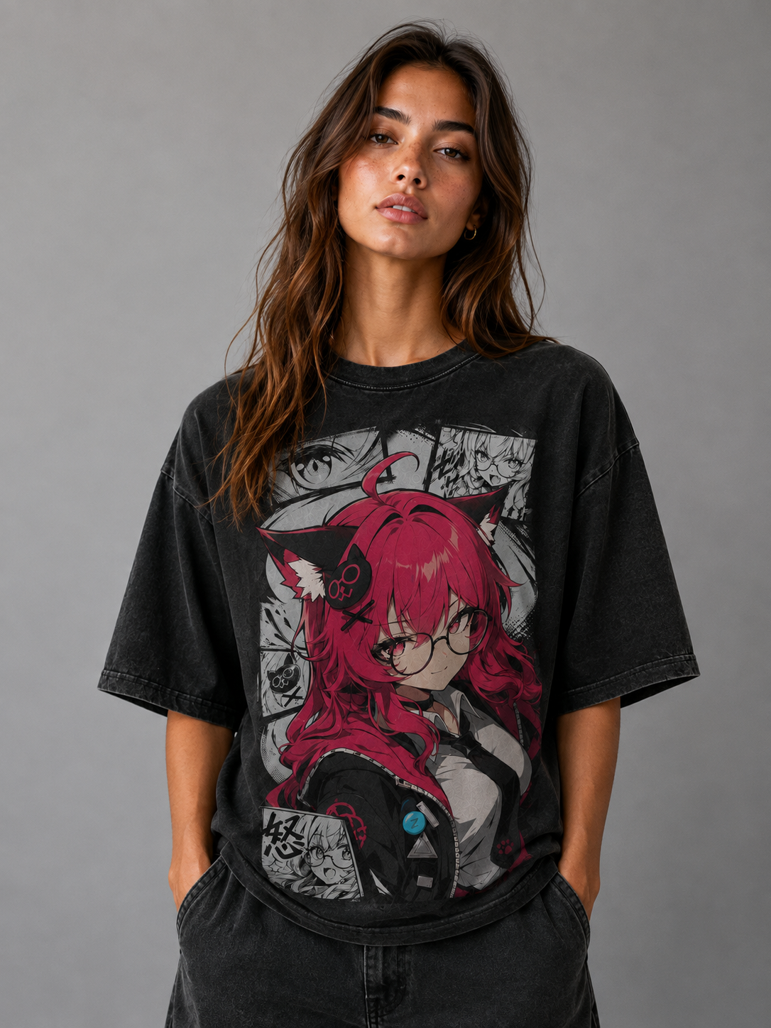 Oversized Graphic Print T-Shirt – Cat-Ear Waifu Streetwear Tee