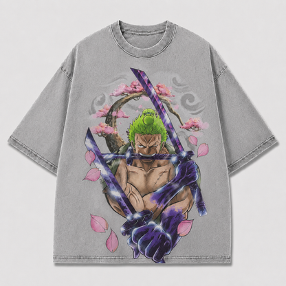 Oversized Graphic Print T-Shirt – Swordsman Cherry Blossom Streetwear Tee