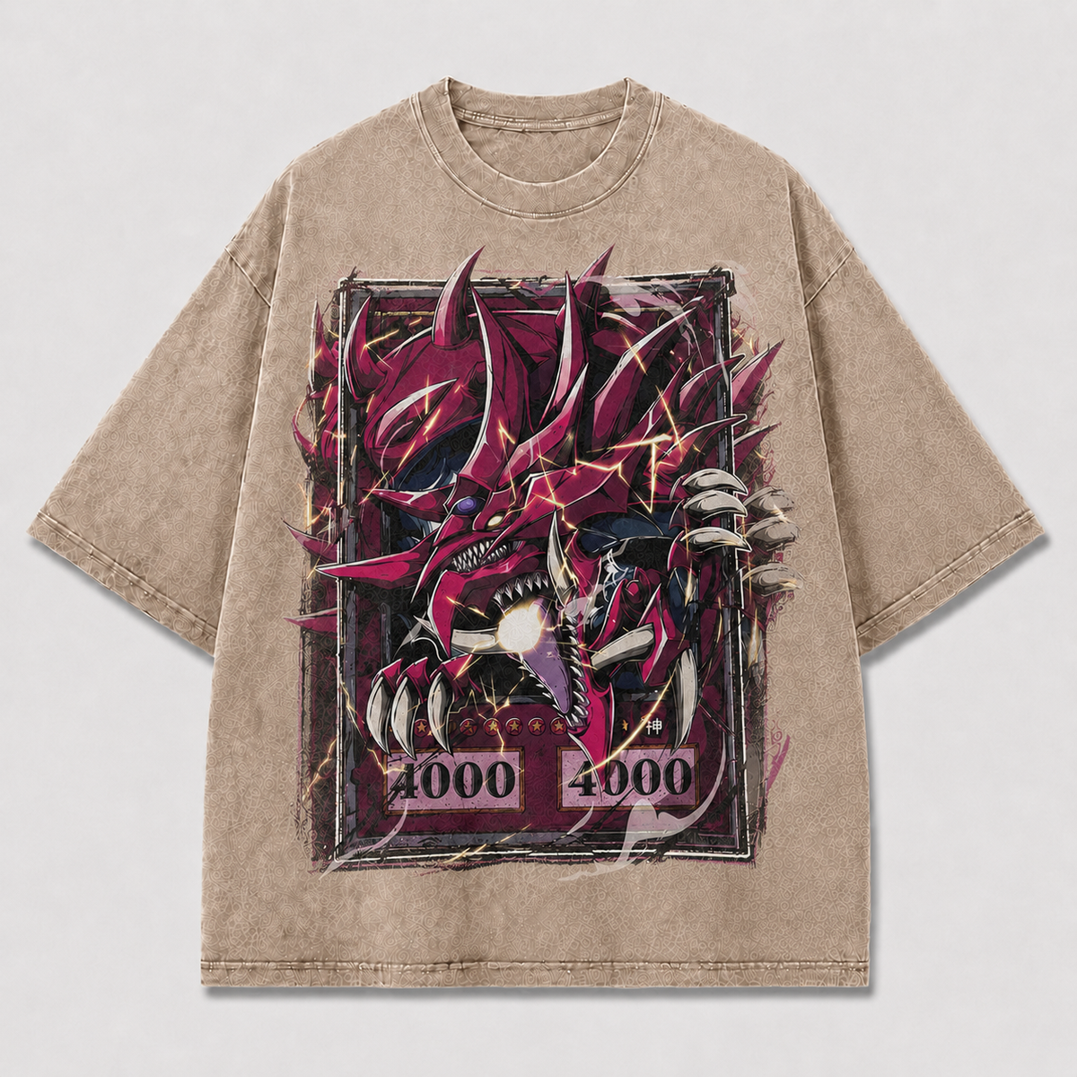 Oversized Crimson Horned Beast Graphic Tee – Card-Frame Print Top