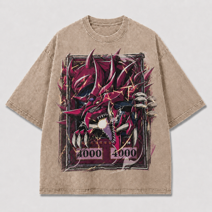 Oversized Crimson Horned Beast Graphic Tee – Card-Frame Print Top