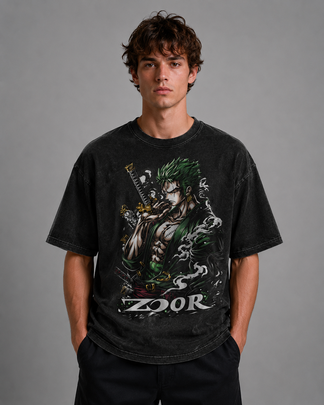 Oversized Graphic Print T-Shirt – Green-Haired Swordsman Streetwear Tee