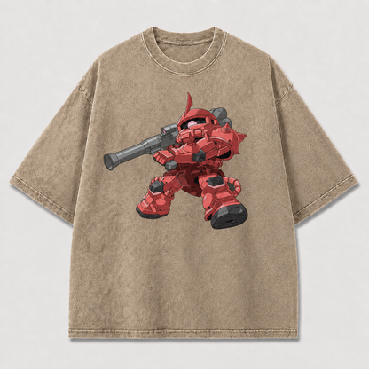 Oversized Red Sniper Mecha Graphic Tee – Action Print Top