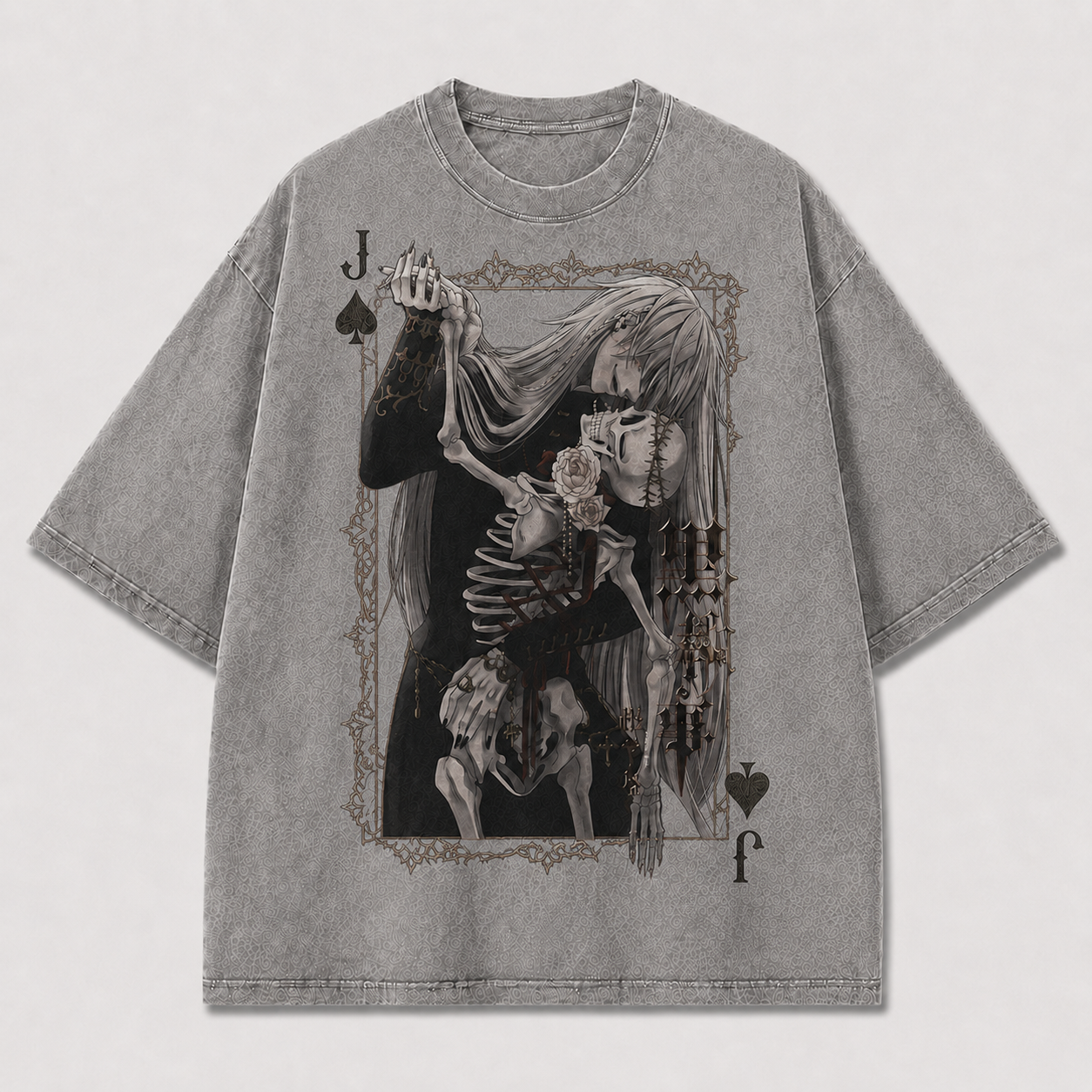 Oversized Gothic Card Portrait Graphic Tee – Skeleton Print Top