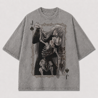 Oversized Gothic Card Portrait Graphic Tee – Skeleton Print Top