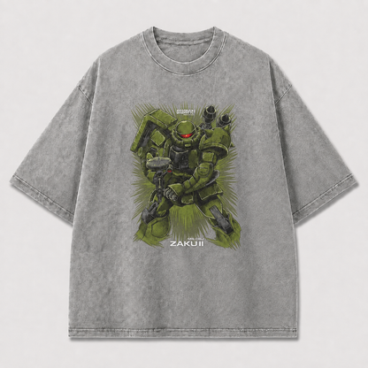 Oversized Olive Mecha Graphic Tee – Dynamic Line-Art Print Top