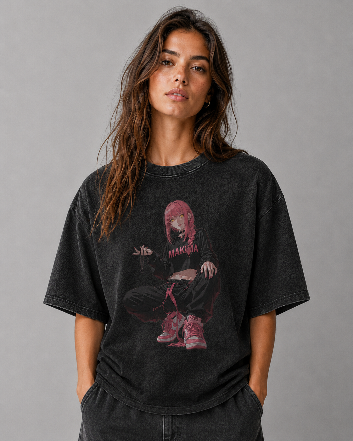Oversized Graphic Print T-Shirt – Squat Pose Waifu Streetwear Tee