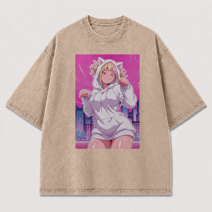 Oversized Neon City Character Graphic Tee – Playful Print Top