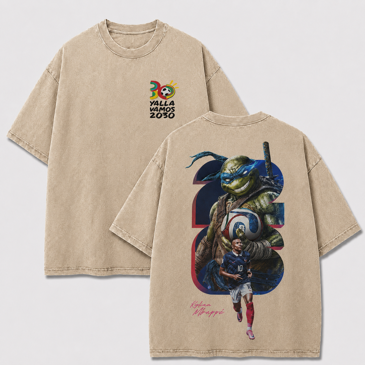 France No. 10 apricot washed oversized T-shirt with blue ninja turtle and soccer player back artwork