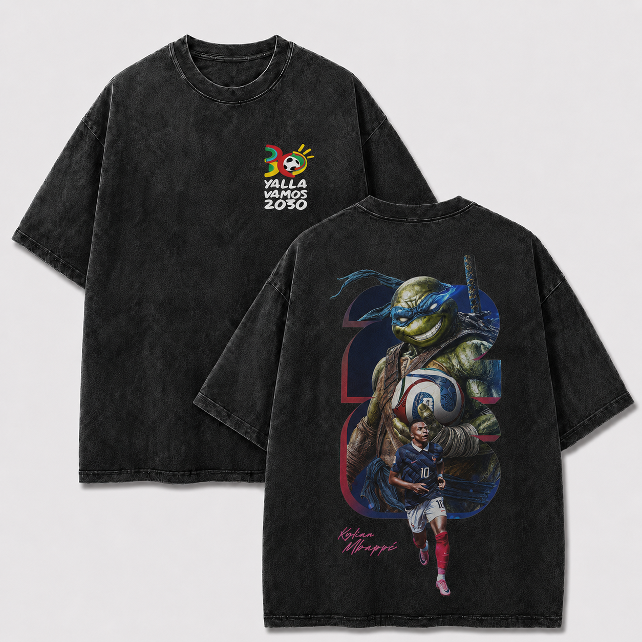 France No. 10 black washed oversized T-shirt with 2030 chest emblem and ninja turtle soccer back print