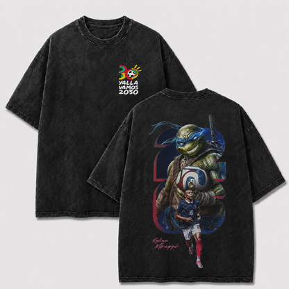 France No. 10 black washed oversized T-shirt with 2030 chest emblem and ninja turtle soccer back print