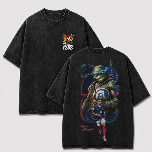 France No. 10 black washed oversized T-shirt with 2030 chest emblem and ninja turtle soccer back print