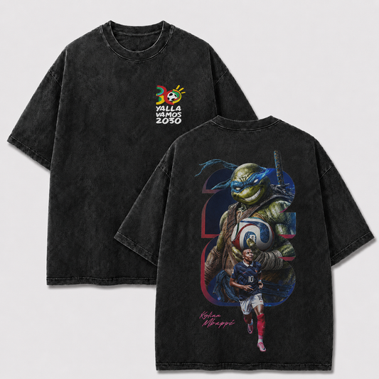 France No. 10 black washed oversized T-shirt with 2030 chest emblem and ninja turtle soccer back print