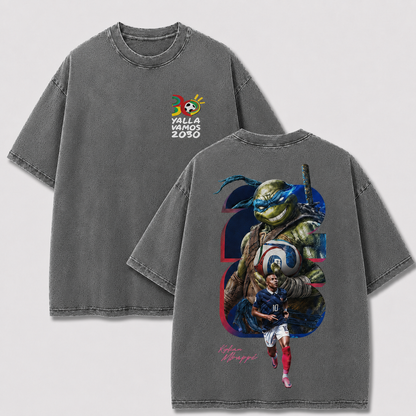 France No. 10 gray washed oversized T-shirt with 2030 chest logo and blue ninja turtle soccer back graphic