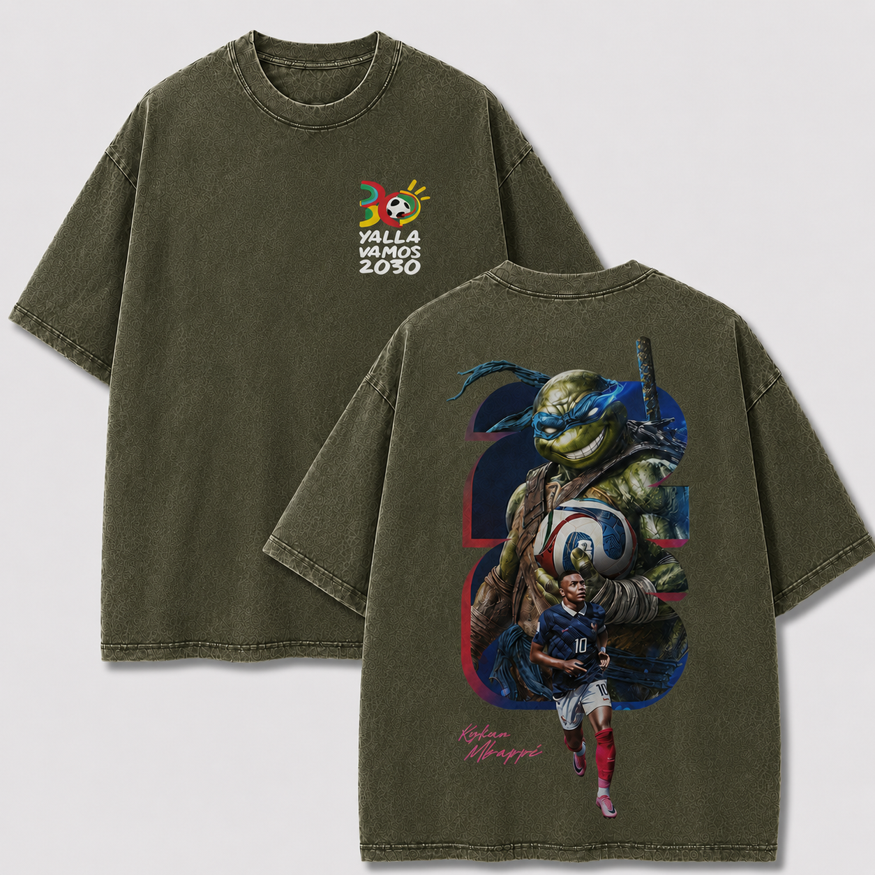 France No. 10 khaki washed oversized T-shirt with colorful 2030 front and back football graphics