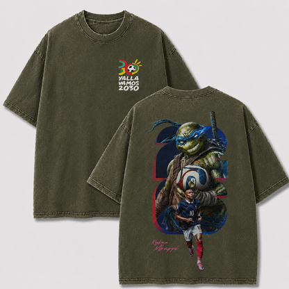 France No. 10 khaki washed oversized T-shirt with colorful 2030 front and back football graphics
