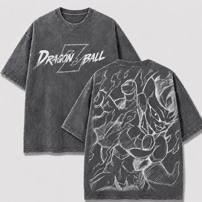 Frieza Final Form gray washed oversized T-shirt with front logo and monochrome manga back print