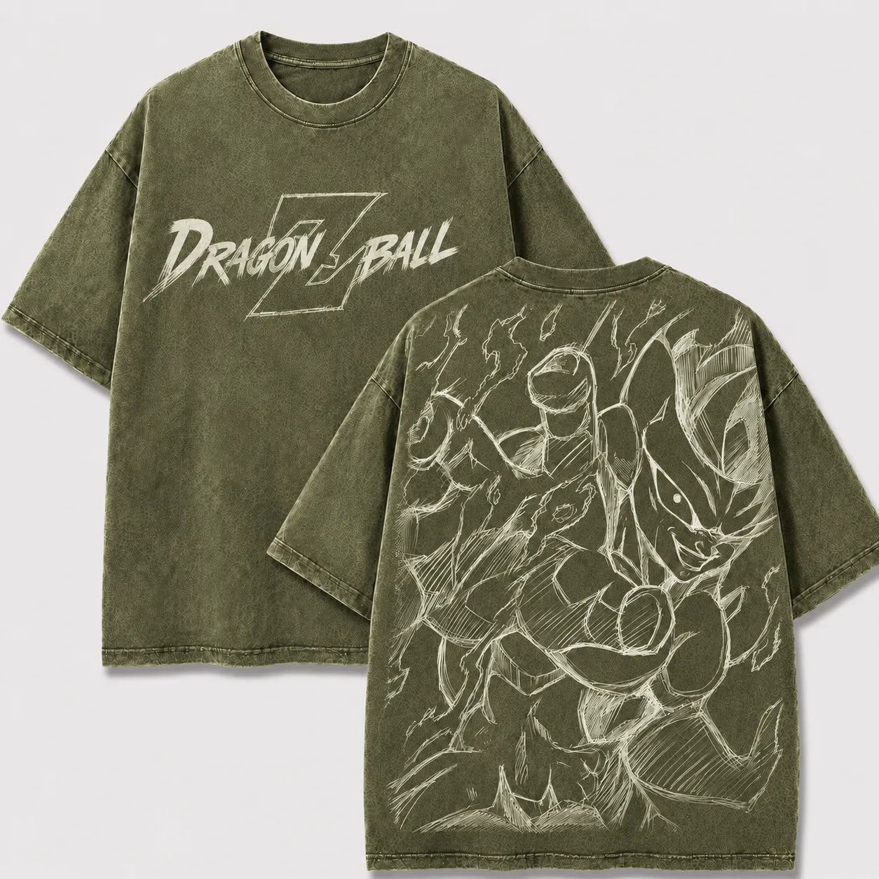 Frieza Final Form khaki washed oversized T-shirt with pencil-style anime artwork