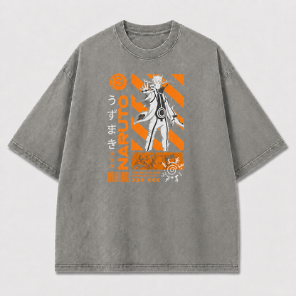 And Mystical Ninja Figure with Geometric Stripes Oversized Graphic Tee