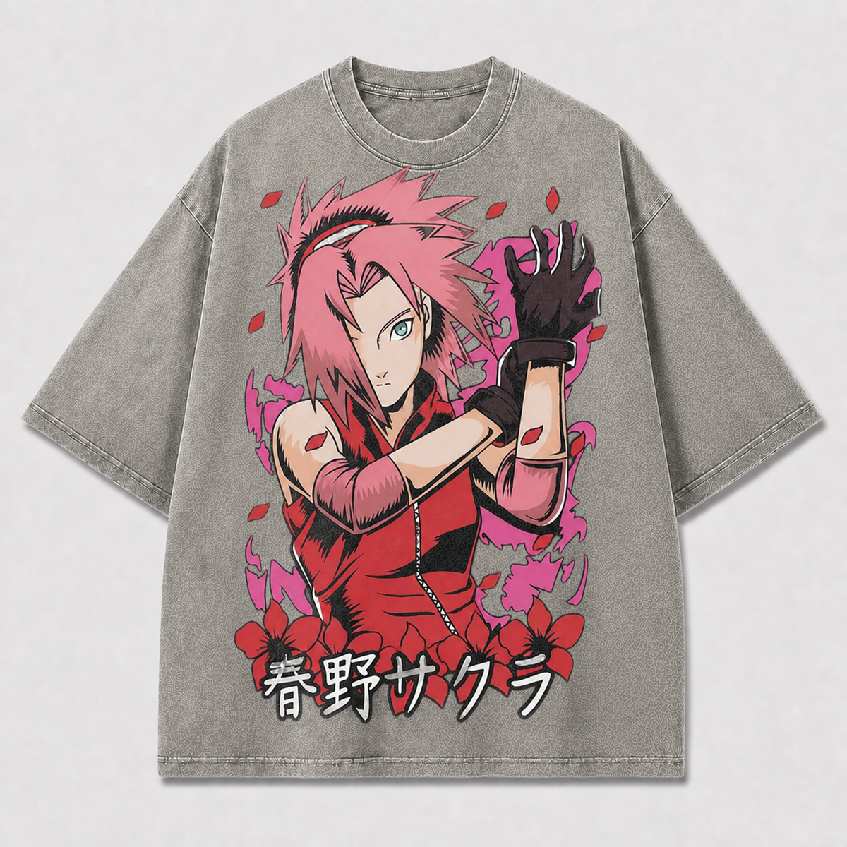 Pink-haired Female Fighter Portrait with Floral Oversized Graphic Tee