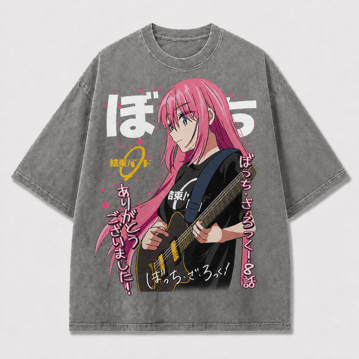 Pink-haired Guitarist Portrait with Energetic Oversized Graphic Tee