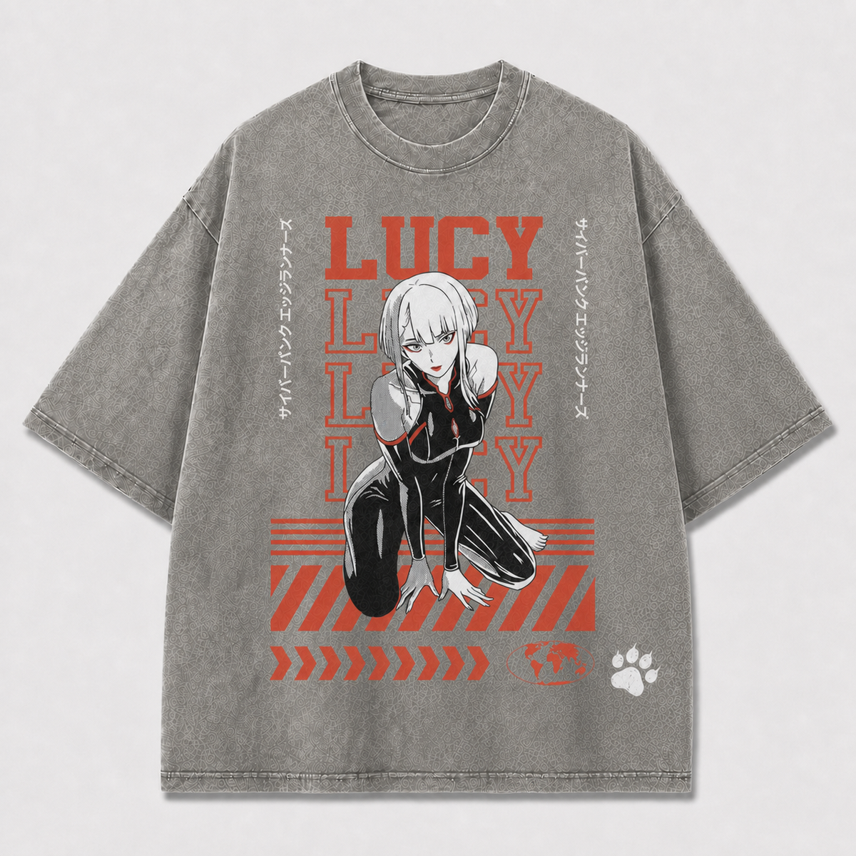And Crouching Cybernetic Woman with Repeating Oversized Graphic Tee