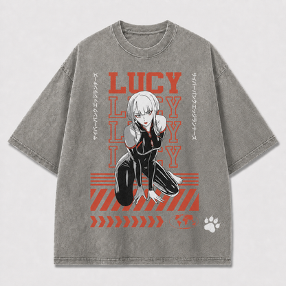 And Crouching Cybernetic Woman with Repeating Oversized Graphic Tee