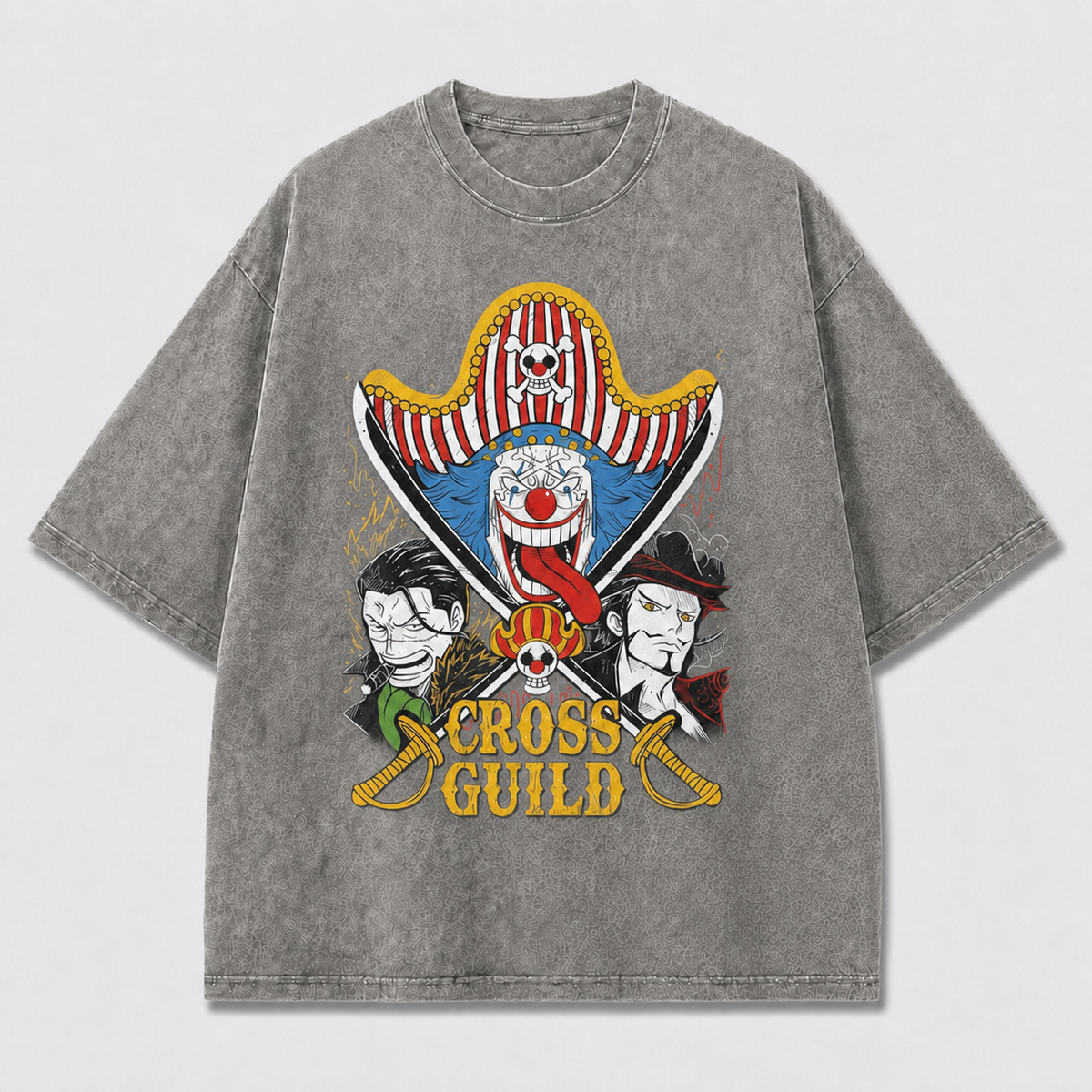 Colorful Pirate-inspired Clown and Two Stern Oversized Graphic Tee