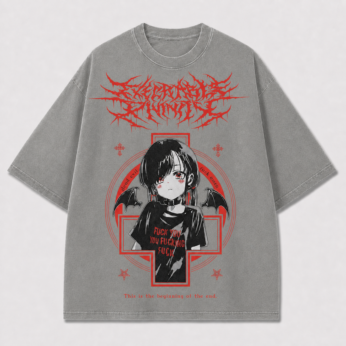 Gothic and Portrait of a Winged Dark-haired Oversized Graphic Tee
