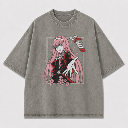 Pink-haired Horned Woman Reaching Forward amid Oversized Graphic Tee