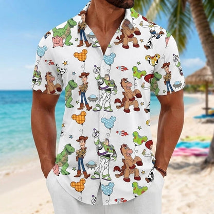 Toy Story Woody Buzz Summer Beach Party Vacation Button Shirt