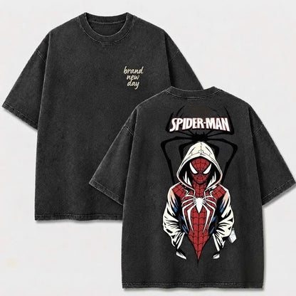 Hooded Web Hero Washed T-Shirt, Vintage Comic Graphic Tee, Oversized Front and Back Print Streetwear