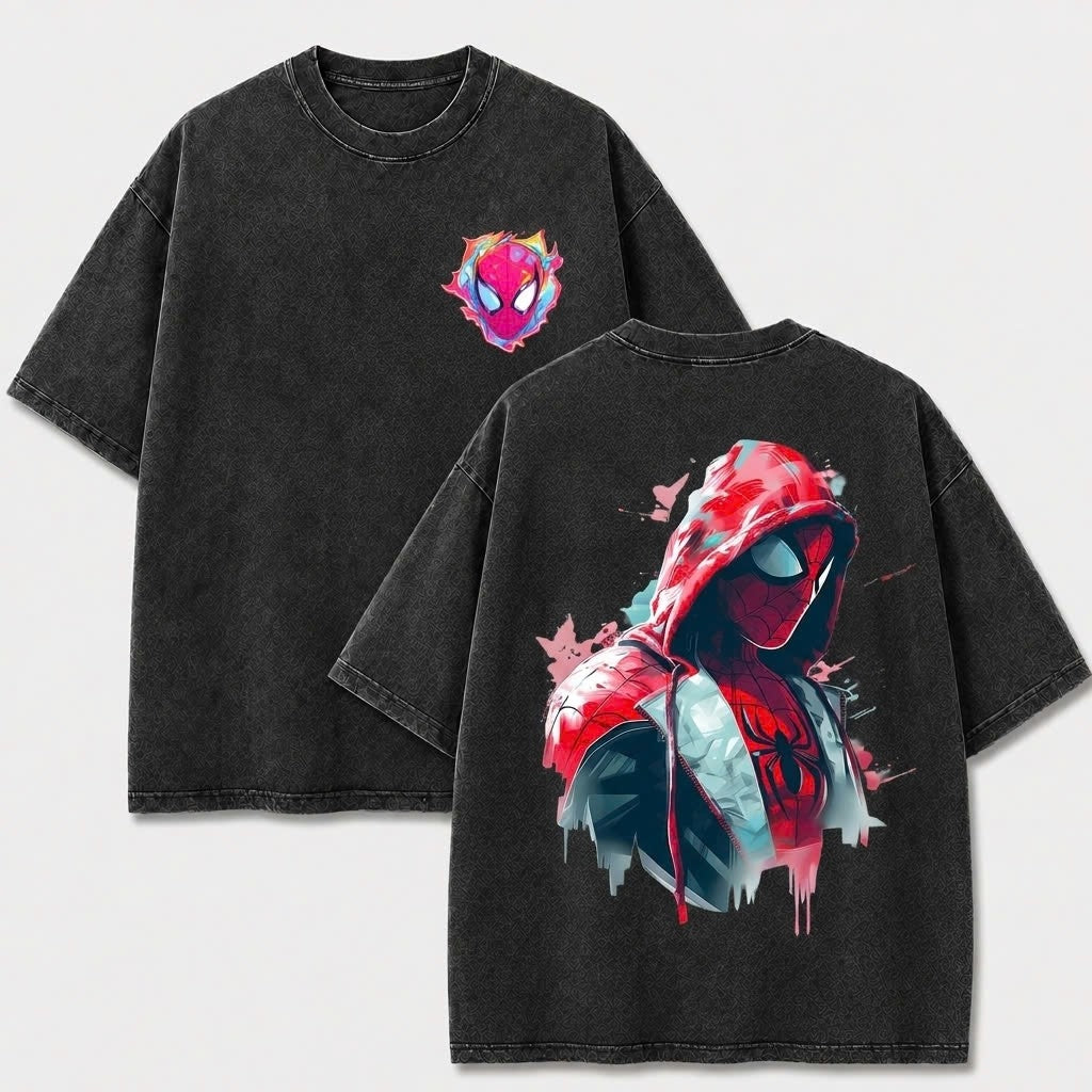 Hooded Web Hero Washed T-Shirt, Oversized Comic Graphic Tee, Vintage Front and Back Print Streetwear